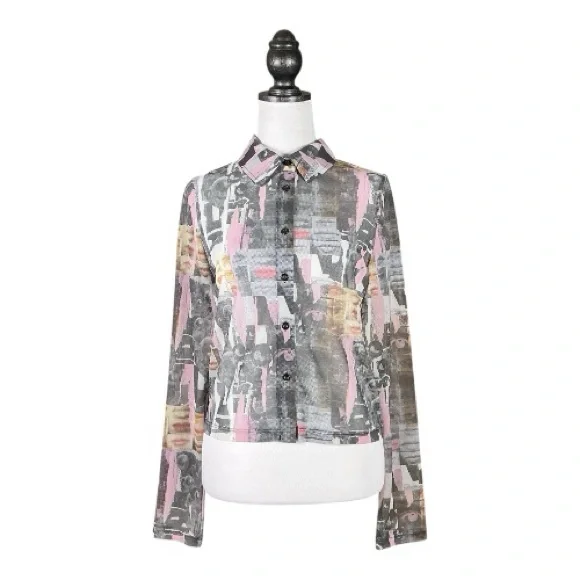 The Ragged Priest Multicolored Mesh Abstract Eyes Lips Print Long Sleeve Top 14 - Picture 2 of 9